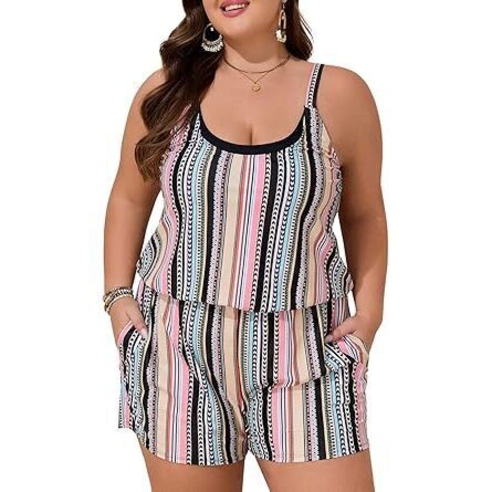 Plus Size Swim Romper Women One Piece Swimsuit Blouson Bathing Suit With Pockets